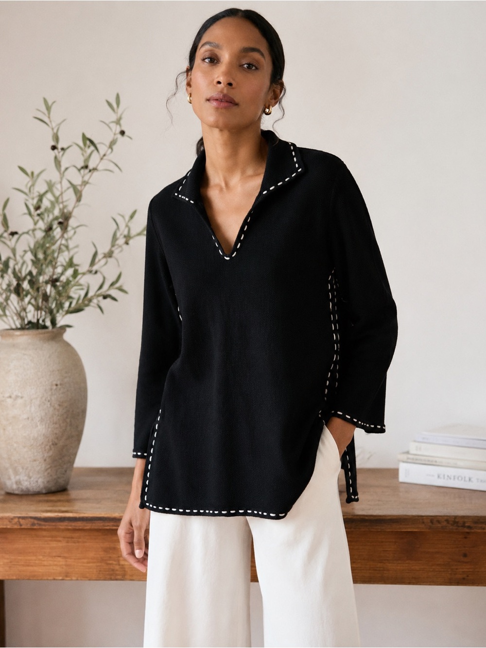 INC International Concepts Black Textured Tunic Sweater 2X Contrast Stitch